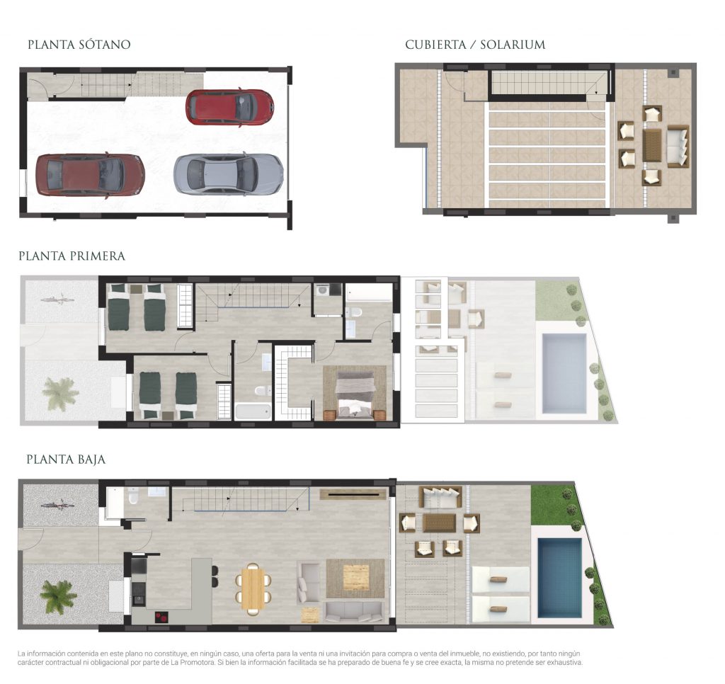 Plano comercial de una vivienda adosada con piscina